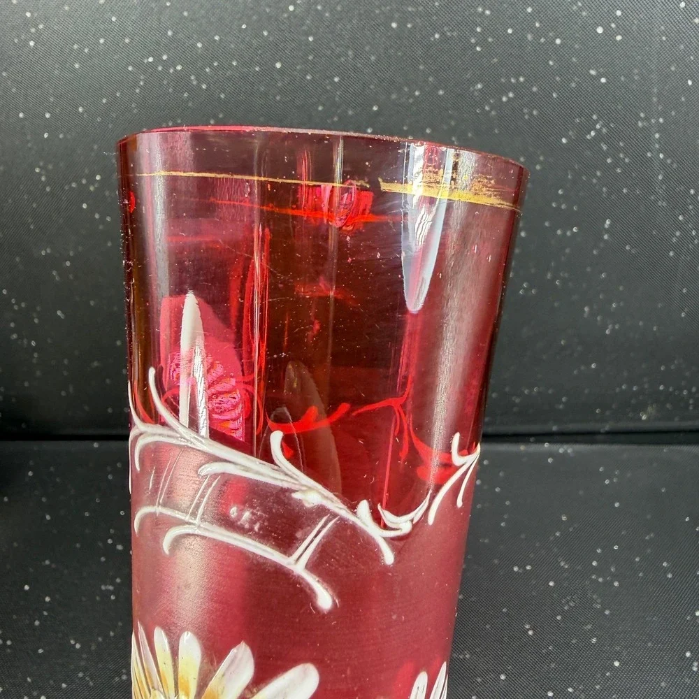 Satin Rubina Bohemian Cranberry Frosted Glass Enameled Daisy Vase 11.5 Inch